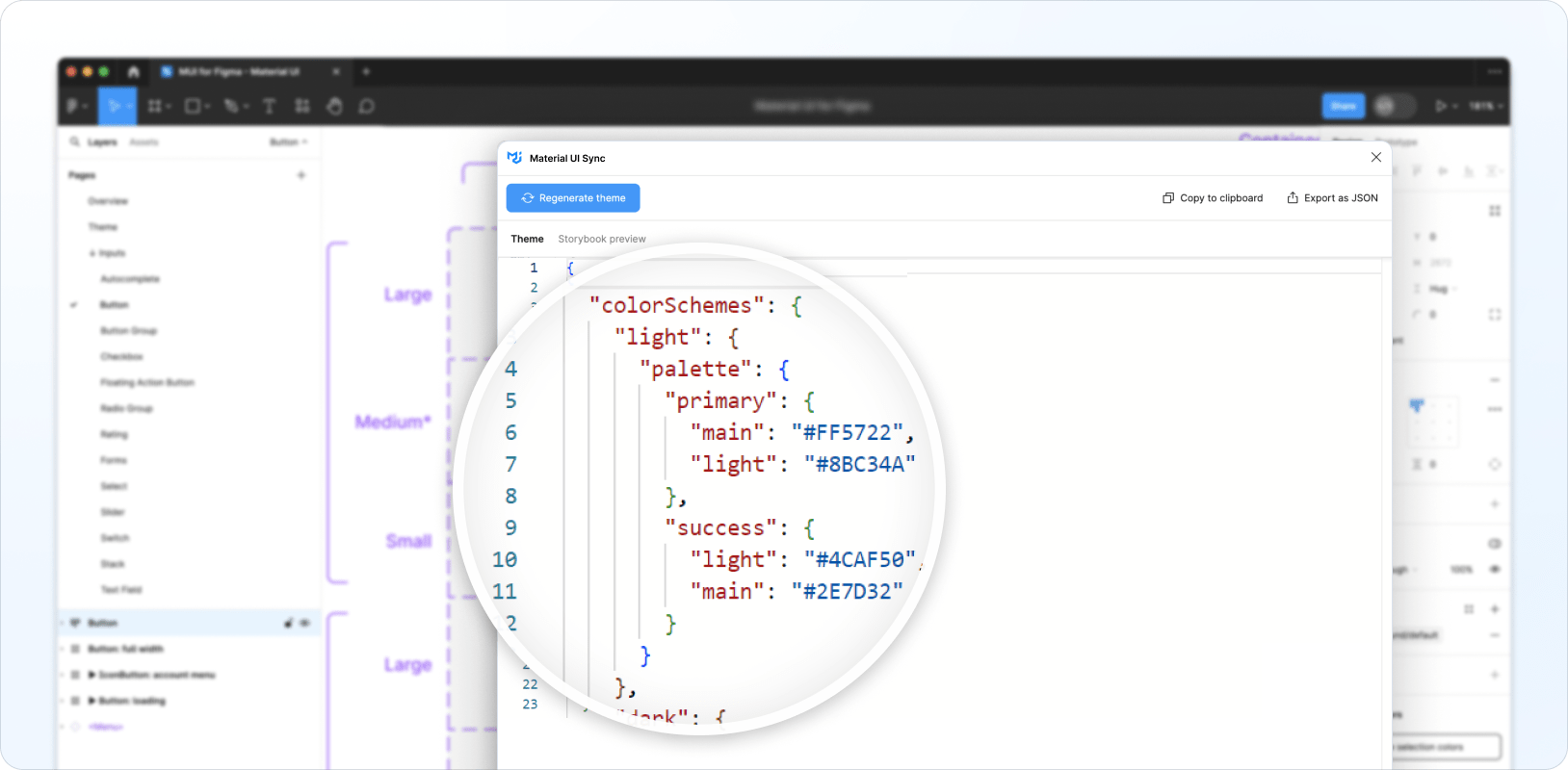 The generated theme displayed in the MaterialĀ UI Sync plugin UI.